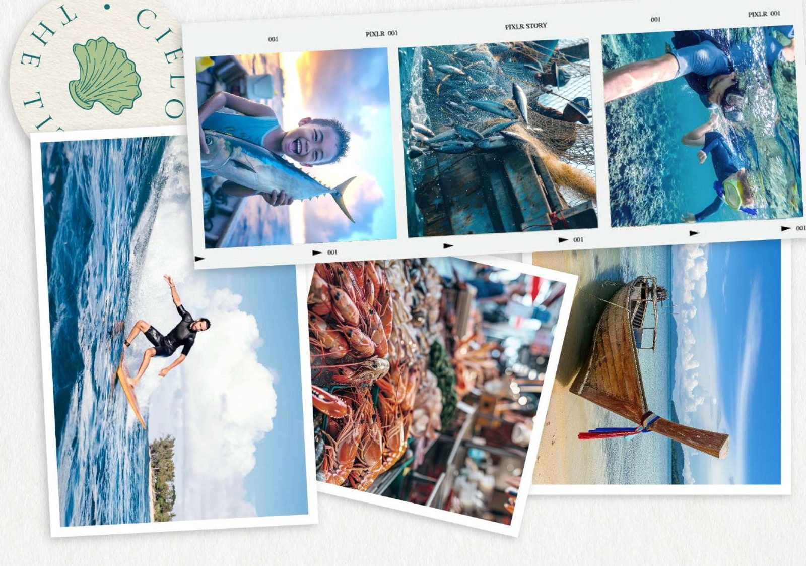 Rawai lifestyle collage: fishing, snorkelling, surfing and seafood