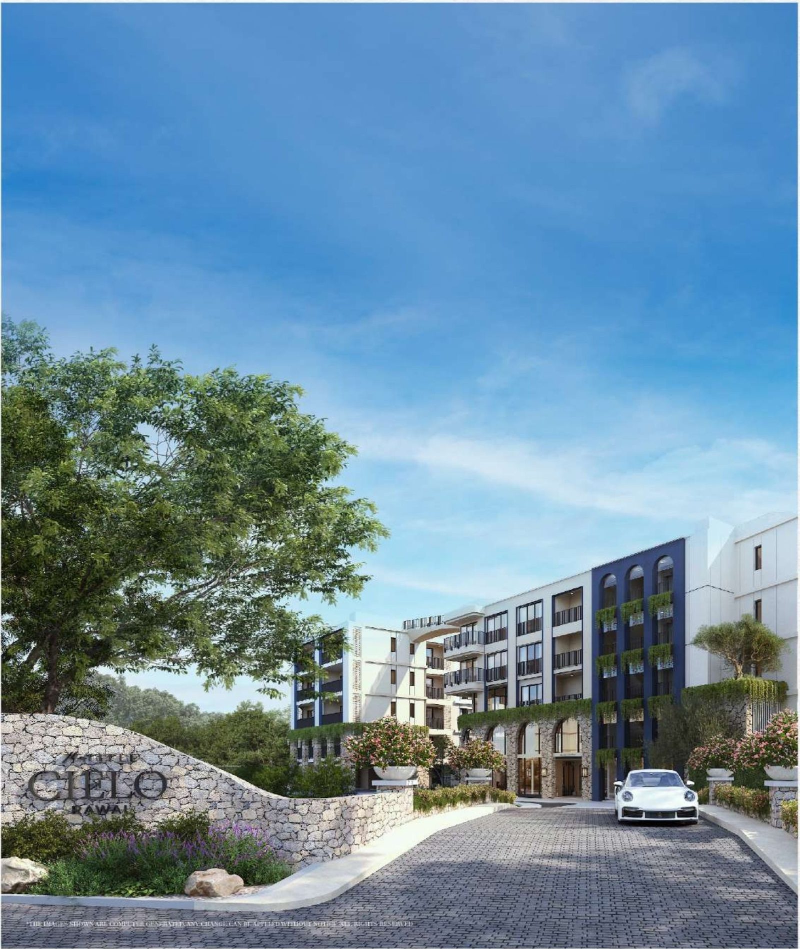 Stone entrance wall and driveway at The Title Cielo Rawai
