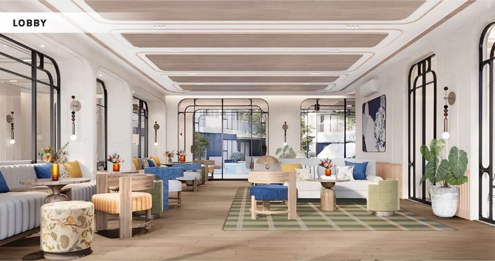 Main lobby with seating and plants