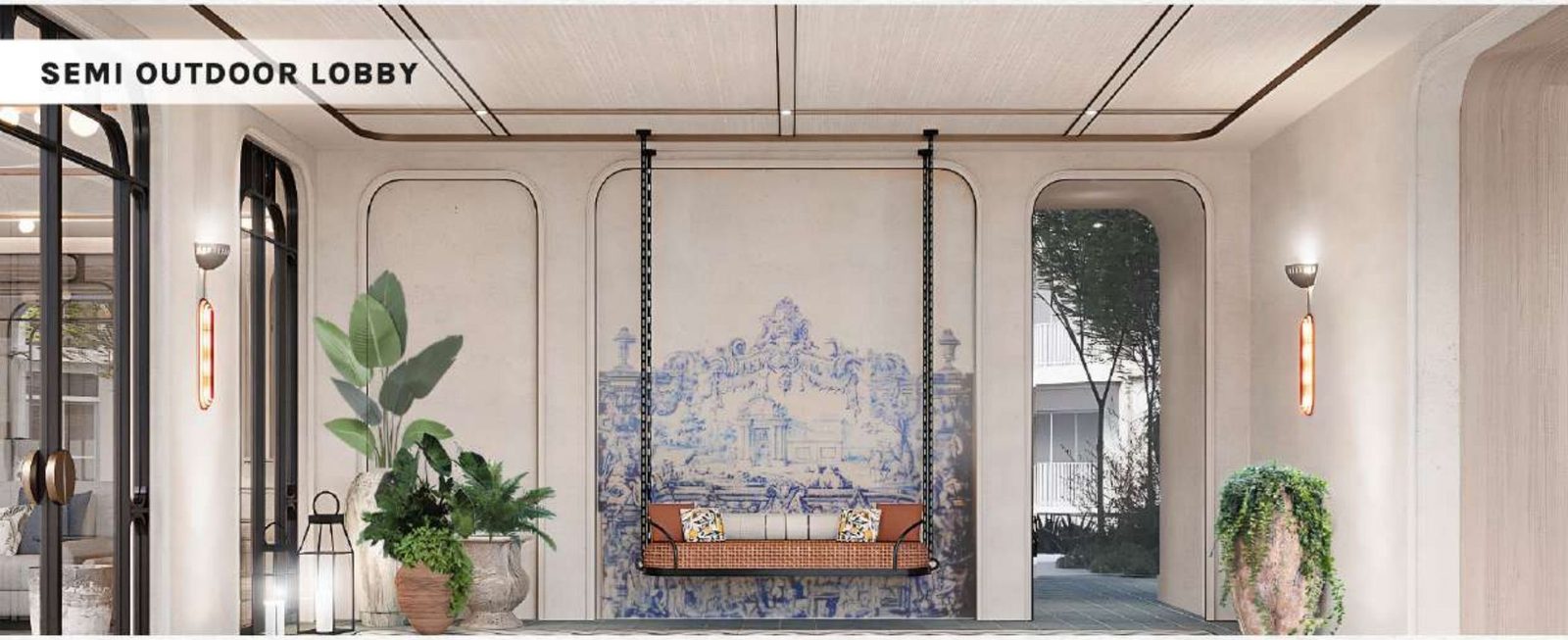 Semi-outdoor lobby with hanging bench